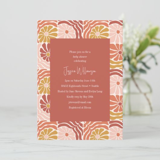 Groovy Retro Roze Roest Bloemen Schattige Baby sho Kaart (Staand voorkant)