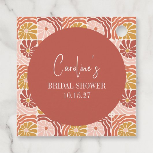 Groovy Retro Roze Roest Bloemstuk Bruidsdouche Bedankjes Labels (Achterkant)