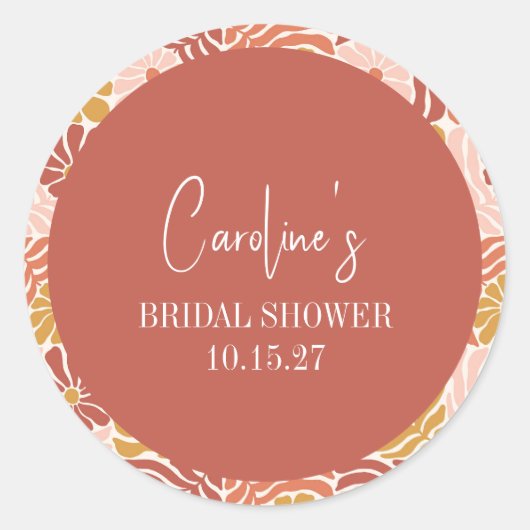 Groovy Retro Roze Roest Bloemstuk Bruiloftsshower Ronde Sticker (Voorkant)