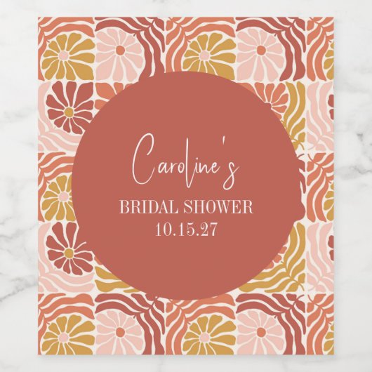 Groovy Retro Roze Rust Bloemen Aangepast Vrijgezel Wijn Etiket (Enkel label)