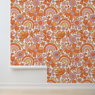Groovy Retro Sinaasappel Bloemen Behang
