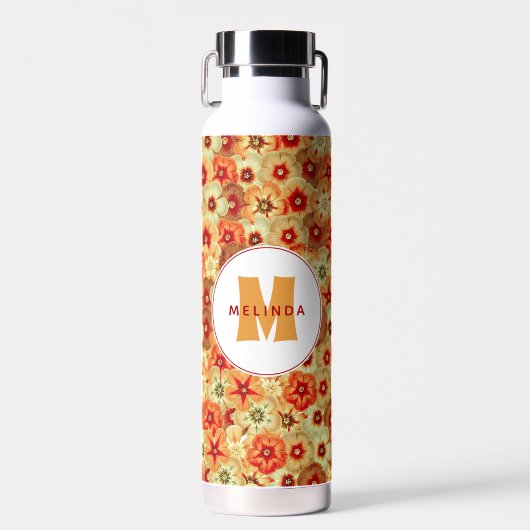 Groovy Retro Sinaasappel Hippie Flowers Monogram Waterfles (Voorkant)