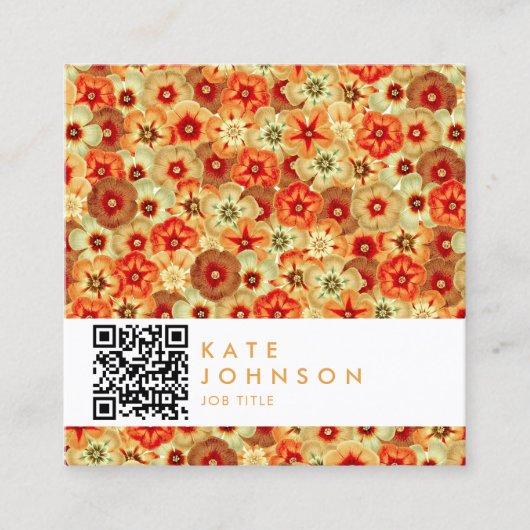 Groovy Retro Sinaasappel Hippie Flowers QR-code Vierkante Visitekaartje (Voorkant)