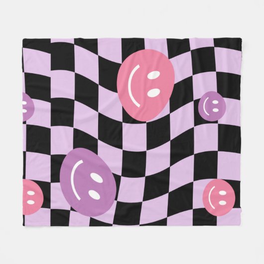 Groovy Retro Smiley Checkerboard, Y2K 90s Fleece Deken (Voorkant (Horizontaal))