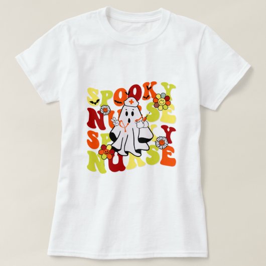 Groovy Retro Spooky Nurse Ghost Halloween T-shirt (Design voorkant)