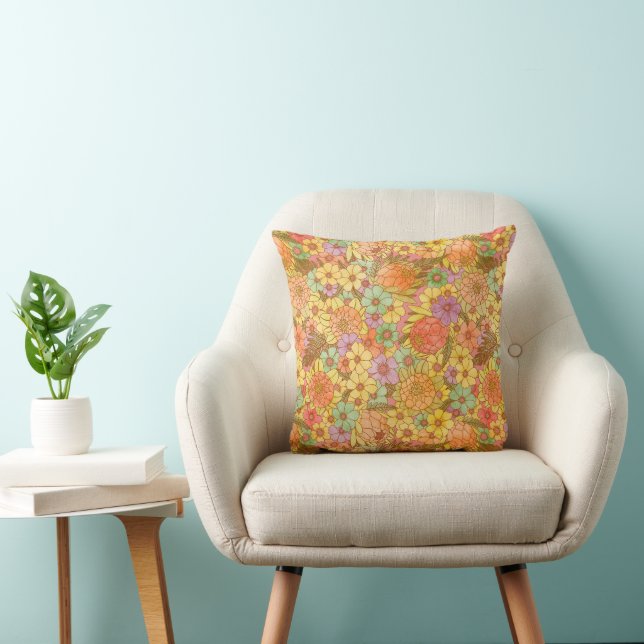 Groovy Retro Summertime Protea en Daisy Pattern Kussen (Stoel)