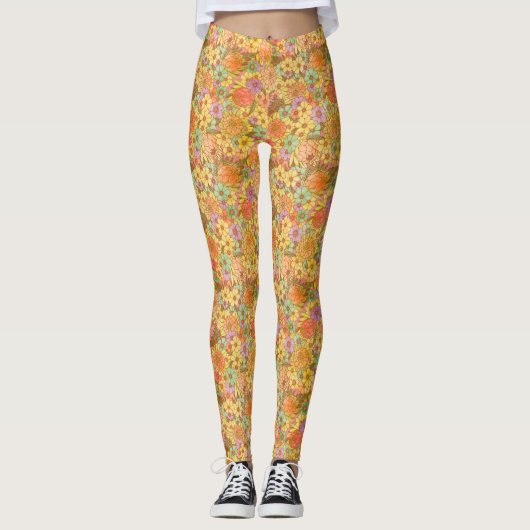Groovy Retro Summertime Protea en Daisy Pattern Leggings (Voorkant)