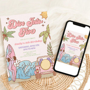 Groovy Retro Surf 5e Verjaardag Roze Kaart