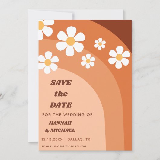 Groovy Retro Terracotta Boho Rainbow Daisy Floral Save The Date (Voorkant)