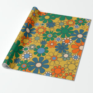 Groovy Retro Tuin Bloemen 60s 70s Bloemen Patroon Cadeaupapier
