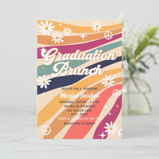 Groovy retro waterverf afstuderen brunch kaart (Staand voorkant)