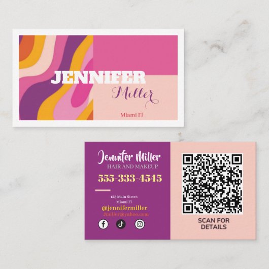 Groovy Retro Wavy Lines Social Media QR-code Visitekaartje (Voorkant / Achterkant)