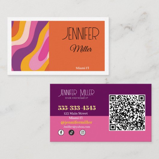 Groovy Retro Wavy Lines Social Media QR-code Visitekaartje (Voorkant / Achterkant)