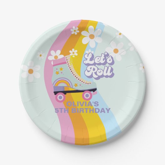 Groovy Rollerskating Retro Rainbow Birthday Papieren Bordje (Voorkant)