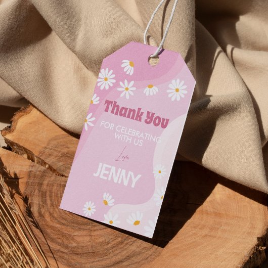 Groovy Roze Daisy Verjaardagsfeestje Dank u Label Cadeaulabel