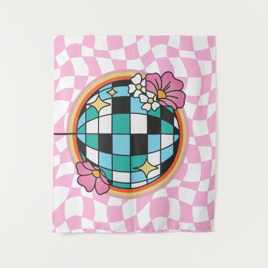 Groovy Roze Disco Ball 60s Hippie Retro geruit Wandkleed (Voorkant)