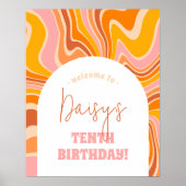 Groovy Roze Retro Meisje Verjaardagsfeestje Welkom Poster (Voorkant)