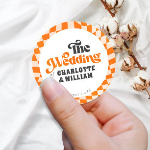 Groovy Sinaasappel geruit Modern Retro bruiloft Ronde Sticker