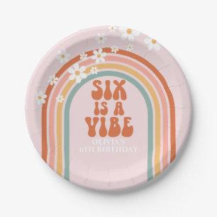 Groovy Six is een vibe daisy regenboog 6e verjaard Papieren Bordje