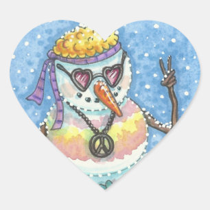 GROOVY SNOWMAN, PEACE SIGN KERST STICKERS Hrt
