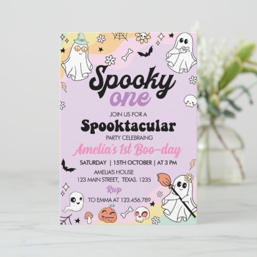 Groovy Spooky One Ghost Verjaardag uitnodiging (Staand voorkant)