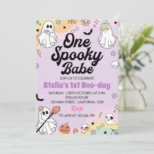 Groovy Spooky One Ghost Verjaardag uitnodiging (Staand voorkant)