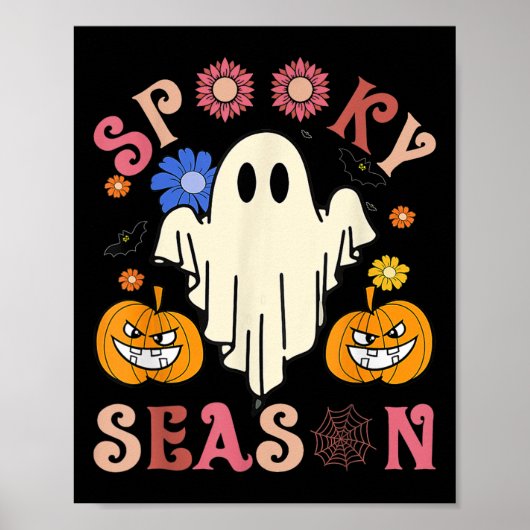 Groovy Spooky Seizoen Leuke Ghost Holding Pompoen Poster (Voorkant)