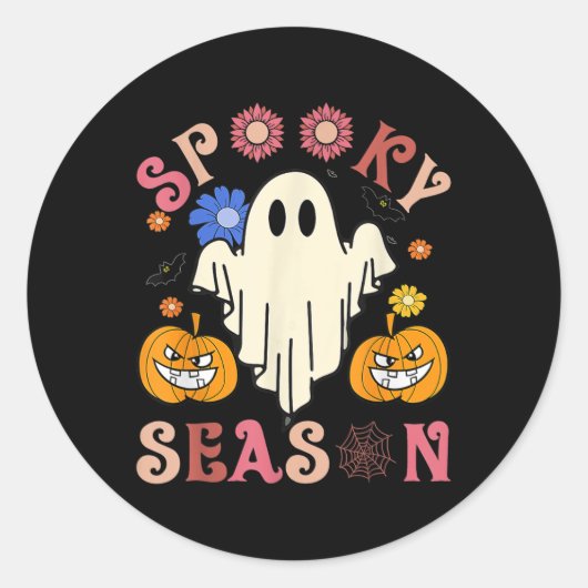 Groovy Spooky Seizoen Leuke Ghost Holding Pompoen Ronde Sticker (Voorkant)