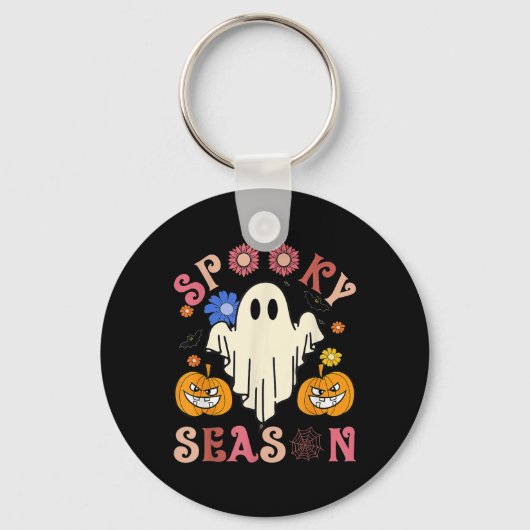 Groovy Spooky Seizoen Leuke Ghost Holding Pompoen  Sleutelhanger (Voorkant)