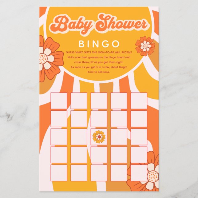 Groovy Sunshine Retro Baby shower Bingo spel (Voorkant)