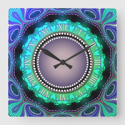 Groovy Time Aqua Green Paarse Wall Clock Vierkante Klok (Voorkant)