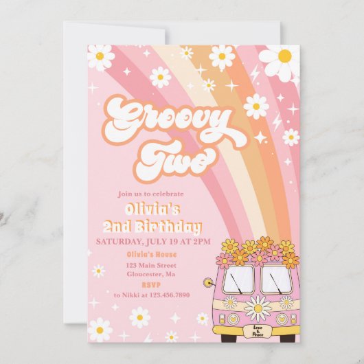 Groovy Twee Retro Regenboog 2e Verjaardag Uitnodig Kaart (Voorkant)