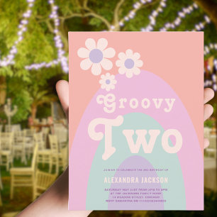 Groovy Two Daisy Boog 2de Verjaardagsfeestje Uitnodiging Briefkaart