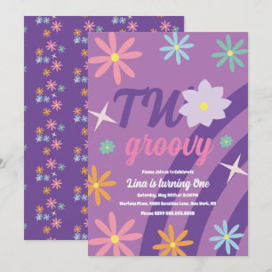 Groovy Two Floral First Birthday Retro Paars Invi Kaart