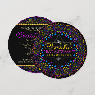 Groovy UV Bohemian Bat Mitzvah Round Invitation Kaart