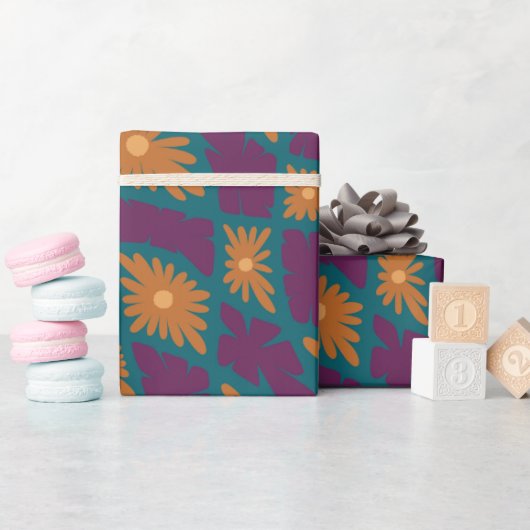 Groovy Wavy Trippy 60s Flower Controls Sinaasappel Cadeaupapier (Baby Shower)