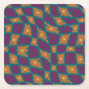 Groovy Wavy Trippy 60s Flower Controls Sinaasappel Vierkante Kartonnen Onderzetter