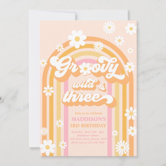 Groovy Wild en Drie Boho Daisy Rainbow Birthday Kaart (Voorkant)