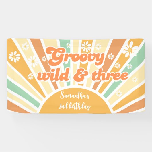 Groovy wild en drie retro zon kinderen verjaardag spandoek (Horizontaal)