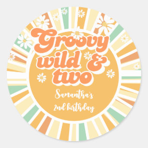Groovy wild en twee retro zon kinderen verjaardag ronde sticker