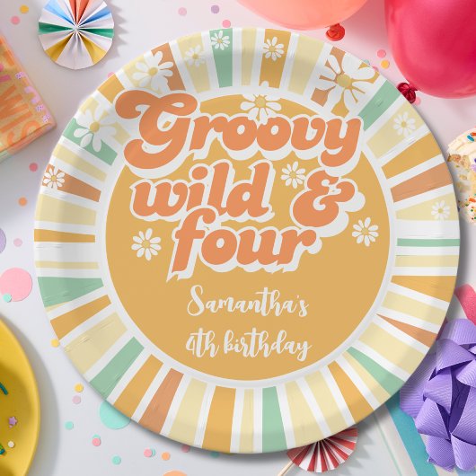 Groovy wild en vier retro zon kinderen verjaardag papieren bordje