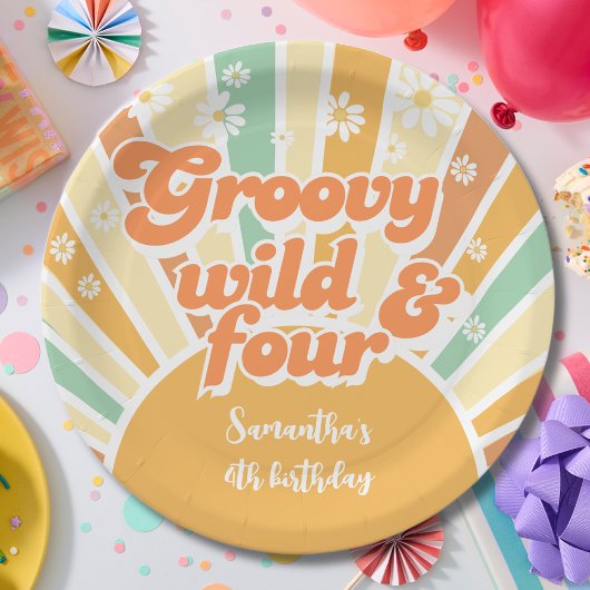 Groovy wild en vier retro zon kinderen verjaardag papieren bordje