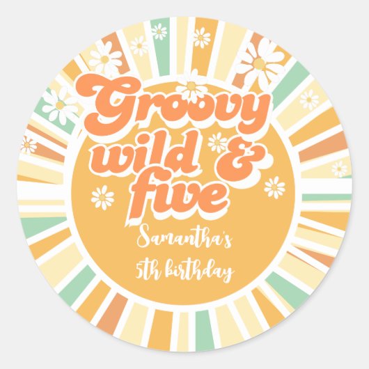 Groovy wild en vijf retro zon kinderen verjaardag ronde sticker (Voorkant)