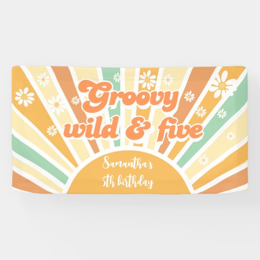 Groovy wild en vijf retro zon kinderen verjaardag spandoek (Horizontaal)