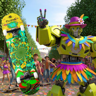 Groovy Yellow Green Abstract Futuristic spiral Skateboard