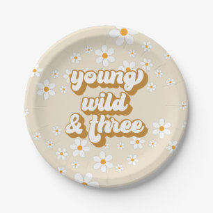 Groovy Young Wild Drie Retro Daisy 3de Verjaardag Papieren Bordje