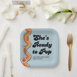 Groovy Ze is klaar om retro stoffige blauwe te pop Papieren Bordje