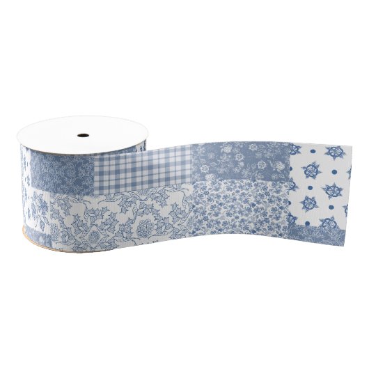 Gros-grain Nostalgique Indigo Faux Patchwork Ruban Grosgrain (Bobine)