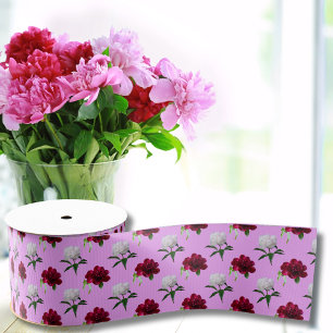 Gros-grain Ruban Cadeau à Motif de Pivoine Rose et Blanc
