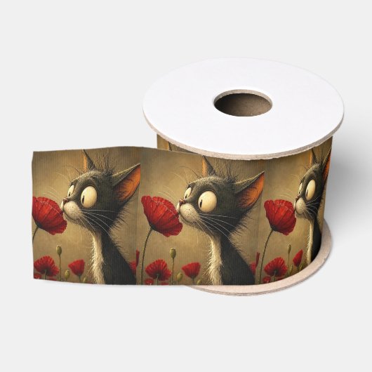 Gros-grain Ruban décoratif Chat noir et blanc Fleur rouge (Bobine)